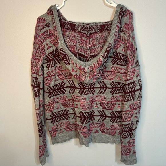 American Eagle Outfitters Aztec Gray Pink V-Neck Hooded Sweater Size Small - Picture 5 of 6